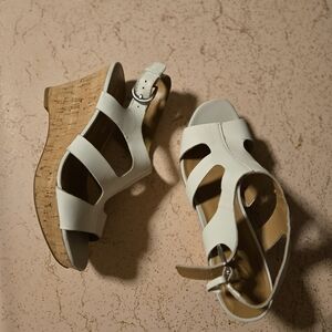 Franco Sarto White Leather Strappy Cork Wedge Sandals